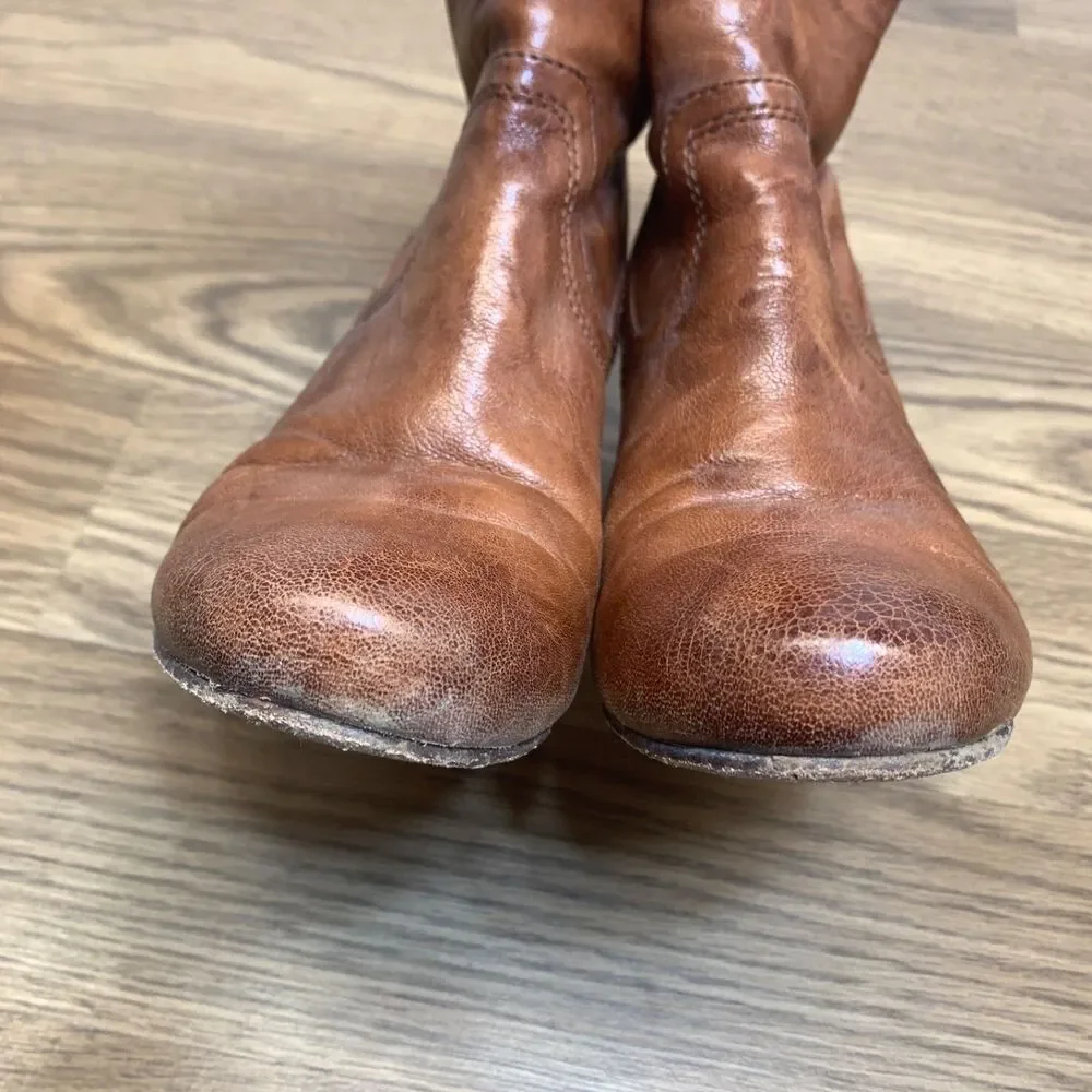 Frye‎ Carson Booties Women Size 7M Hidden Wedge 3470655 Cognac Brown Leather Zip